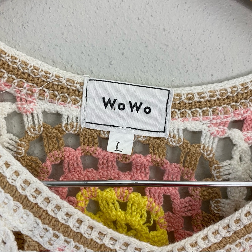 WoWo Granny‎ Square Cropped Pink Tan White Crochet Sleeveless Top Large - Picture 2 of 6